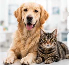 Cachorro e gato em uma clínica veterinária